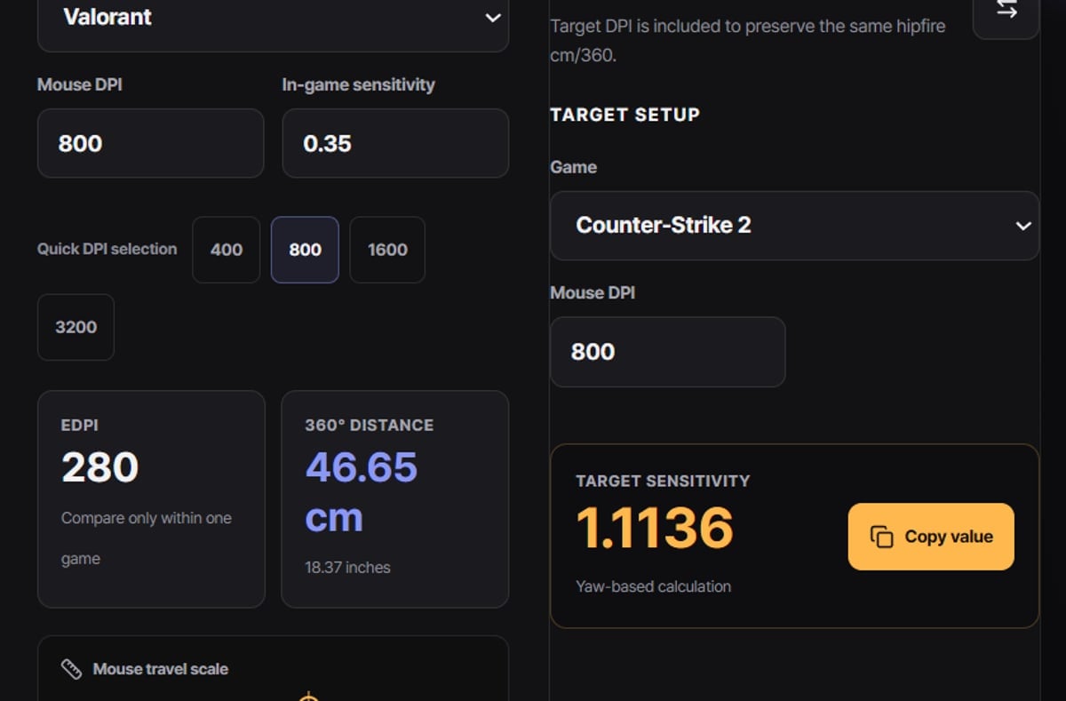 The DOR sensitivity converter showing Valorant at 800 DPI and 0.35 sens equaling eDPI 280