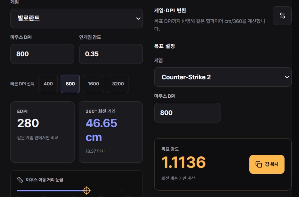 도르 감도 변환 계산기 — 발로란트 800 DPI, 감도 0.35가 eDPI 280으로 계산된 화면