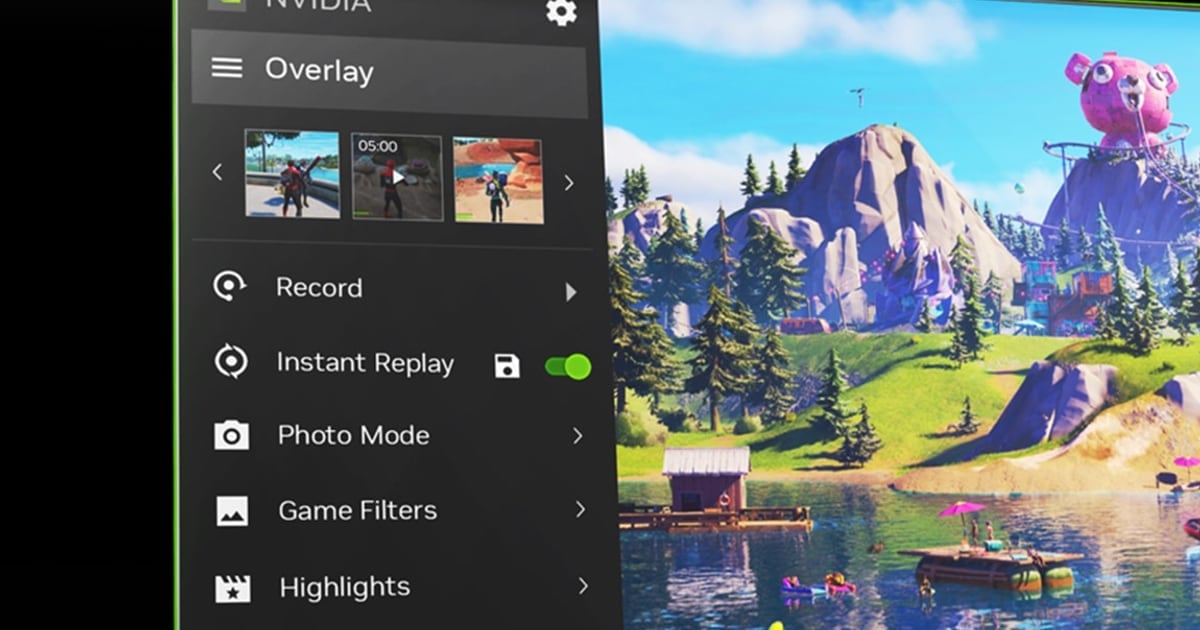 NVIDIA App overlay with the Record, Instant Replay, and Highlights menu visible