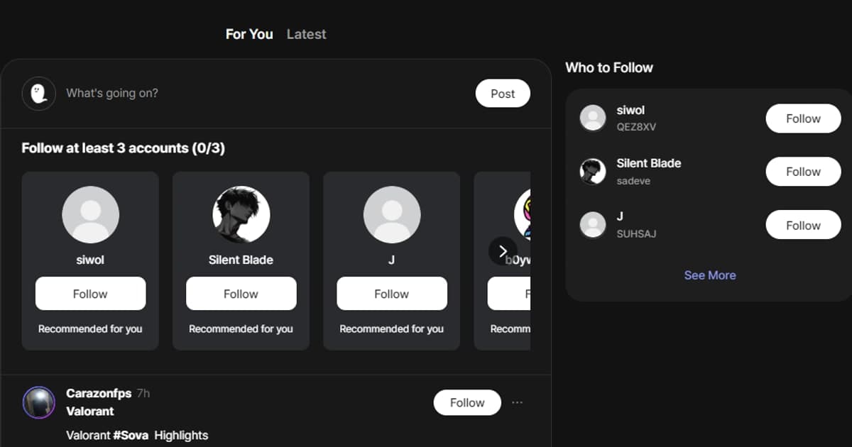 Actual DOR community feed showing recommended accounts and a VALORANT post
