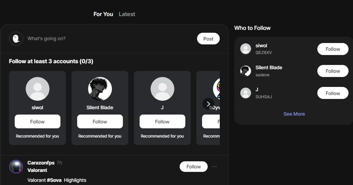 Actual DOR community feed showing recommended accounts and a VALORANT post