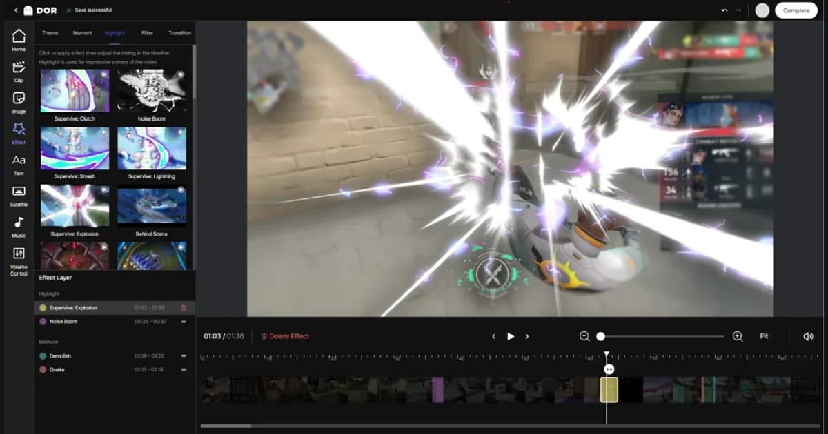 Actual DOR clip editor with the effects panel, video preview, and timeline open