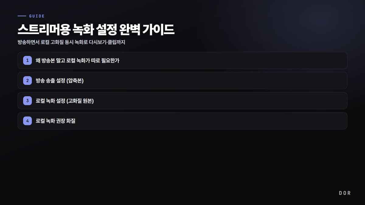 스트리머용 녹화 설정 완벽 가이드 단계 요약 도식