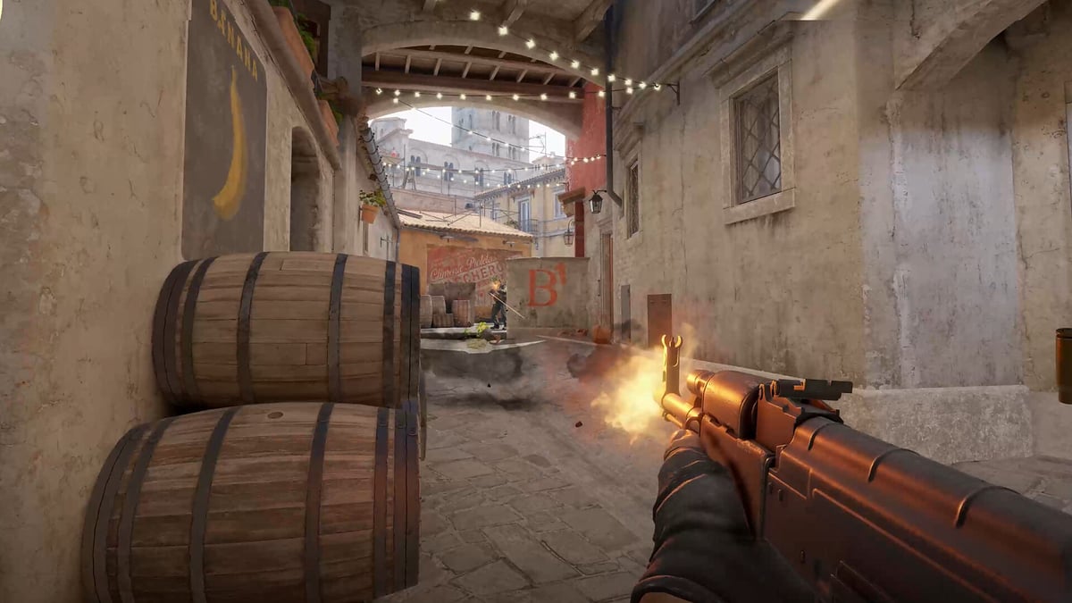 First-person CS2 firefight with an AK-47