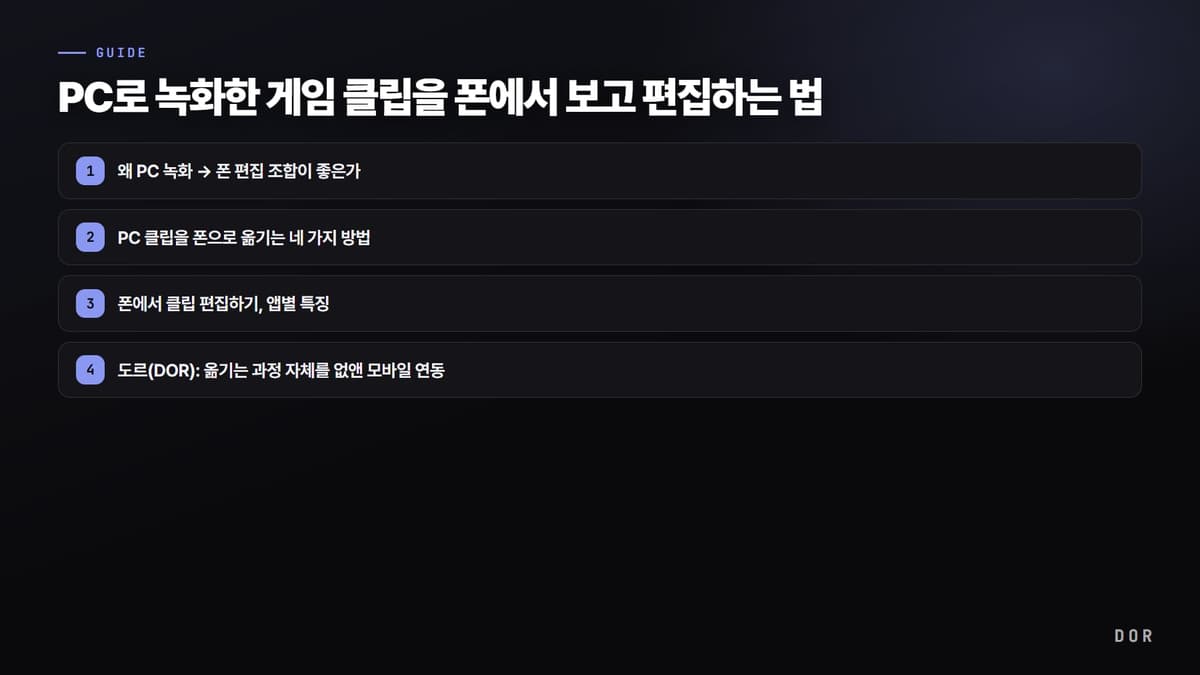 PC로 녹화한 게임 클립을 폰에서 보고 편집하는 법 단계 요약 도식