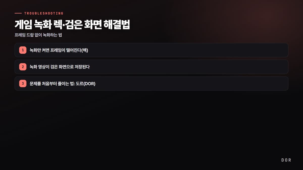 게임 녹화 렉·검은 화면 해결법 단계 요약 도식