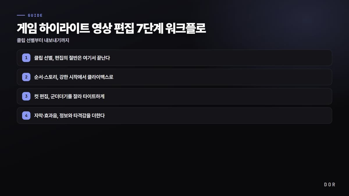 게임 하이라이트 영상 편집 7단계 워크플로 단계 요약 도식
