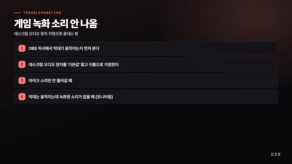게임 녹화 소리 안 나옴 단계 요약 도식