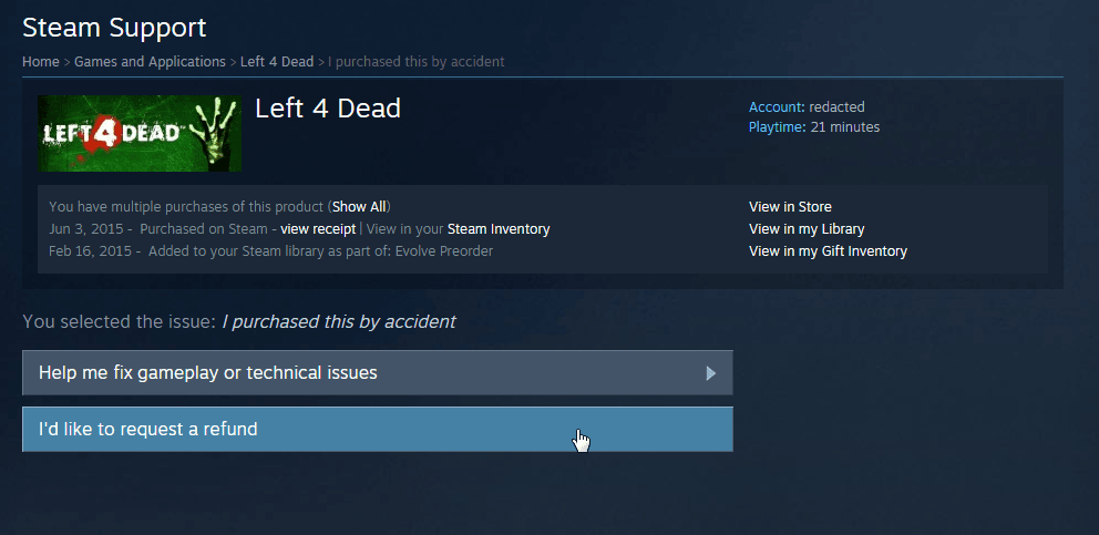 Steamサポートで返金をリクエストしたいを選ぶ画面