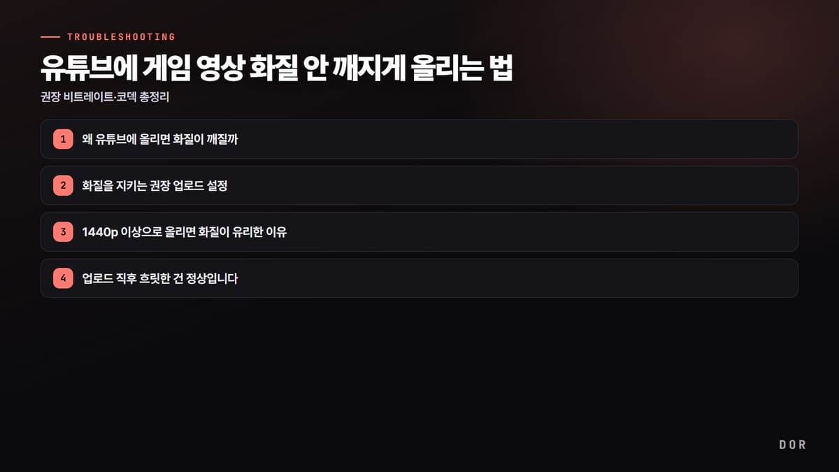 유튜브에 게임 영상 화질 안 깨지게 올리는 법 단계 요약 도식