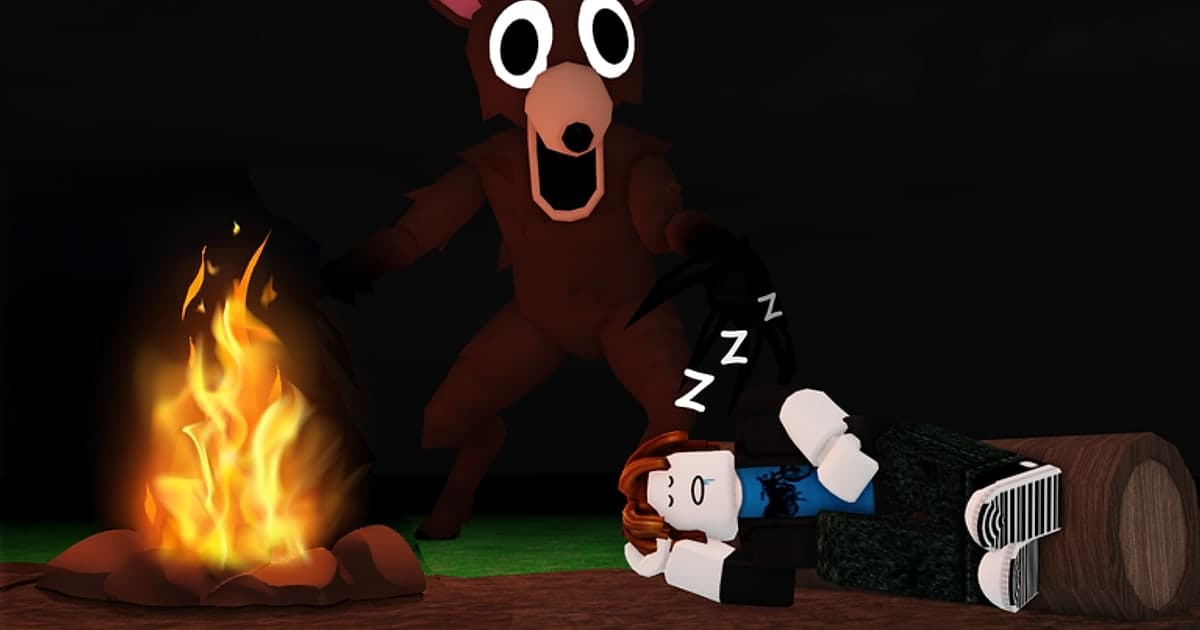 Official 99 Nights in the Forest thumbnail: a character asleep by a campfire in a dark forest with the deer monster behind