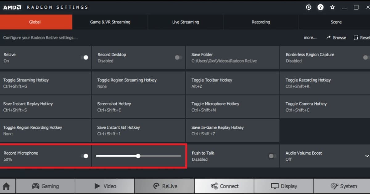 AMD Radeon Settings showing Record Microphone volume and recording hotkeys