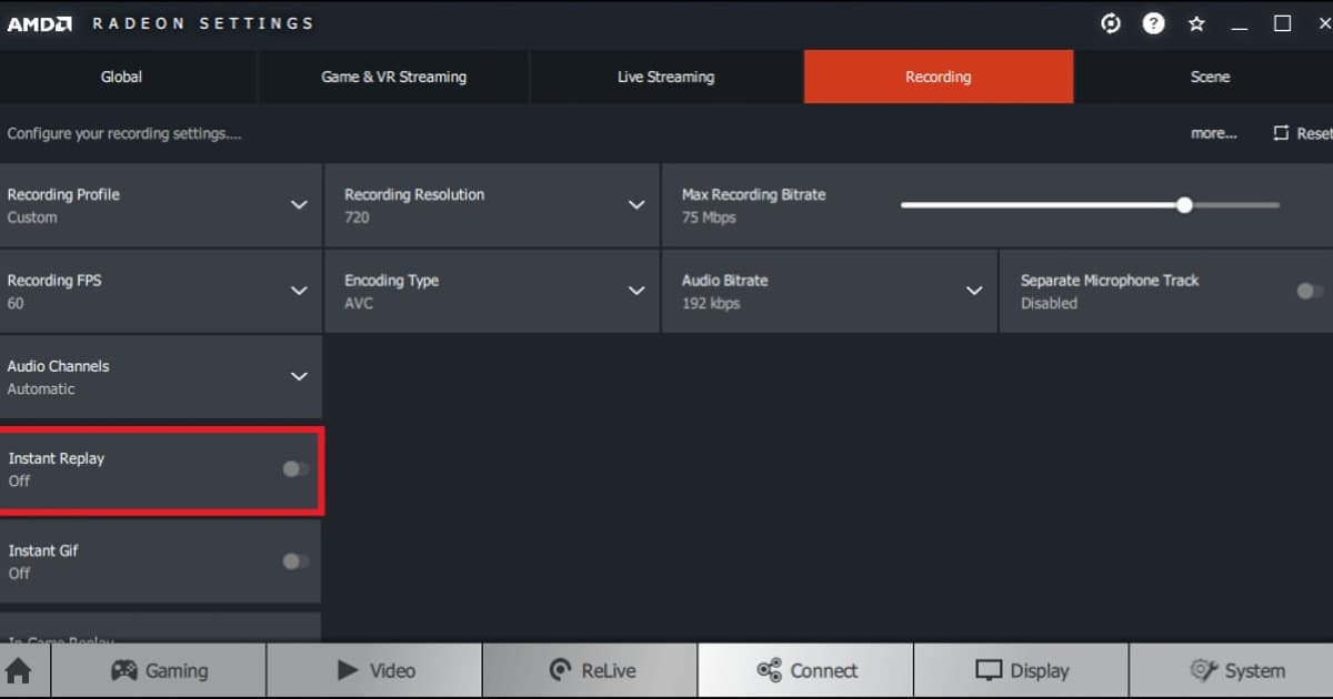 AMD Radeon Settings Recording tab with the Instant Replay toggle turned off