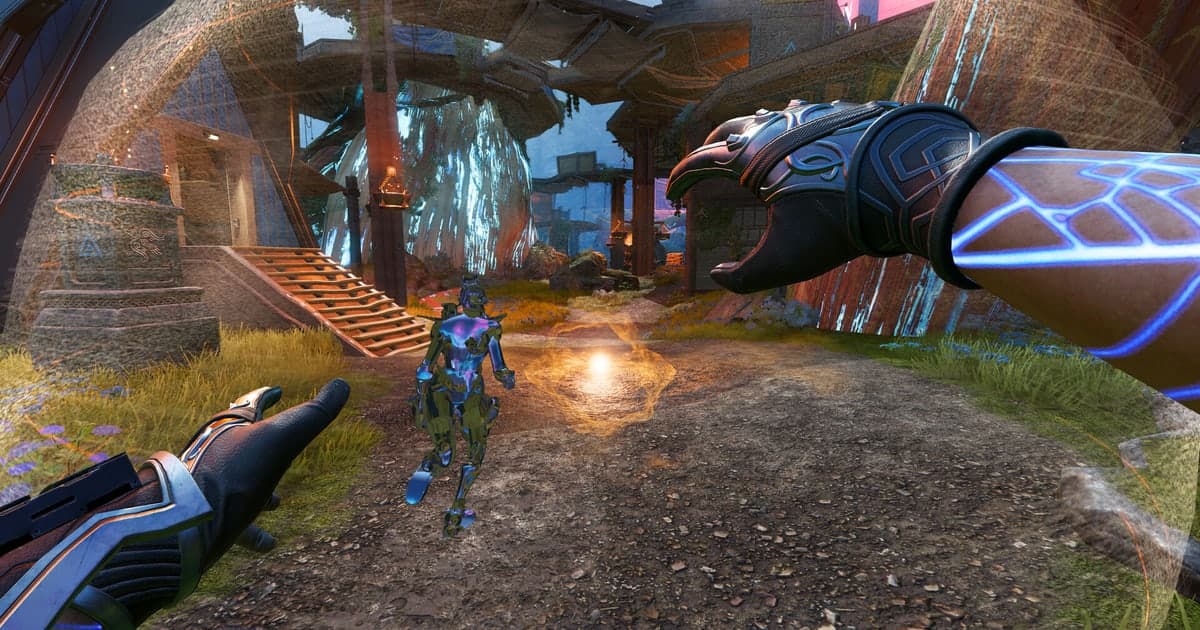 Apex Legendsの実際のゲーム画面 — 一人称視点で武器を構え、通路の先にいる敵レジェンドと対峙する場面