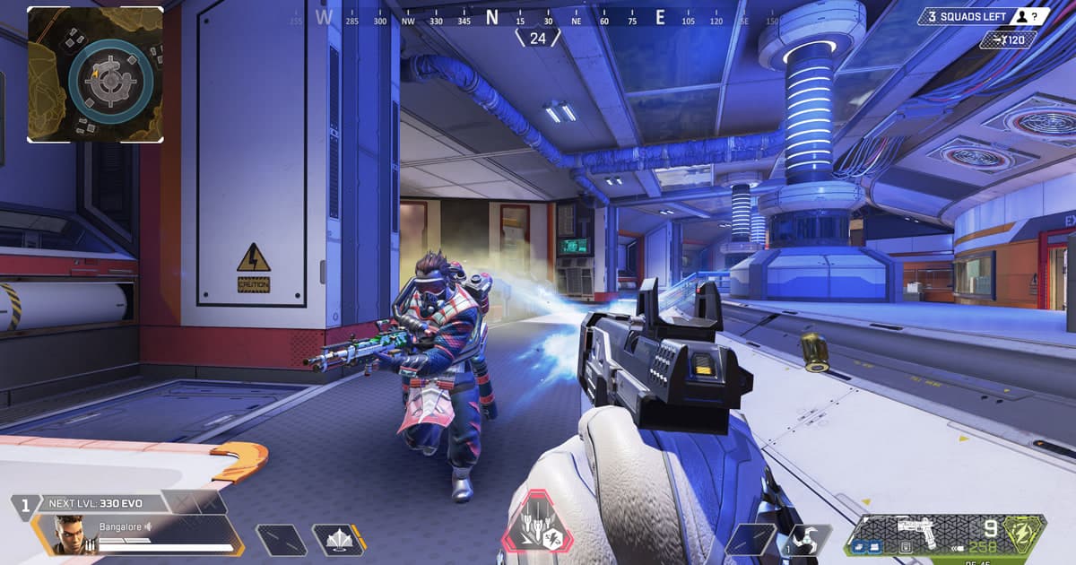 First-person Apex Legends gameplay and HUD while firing an RE-45 at an opponent