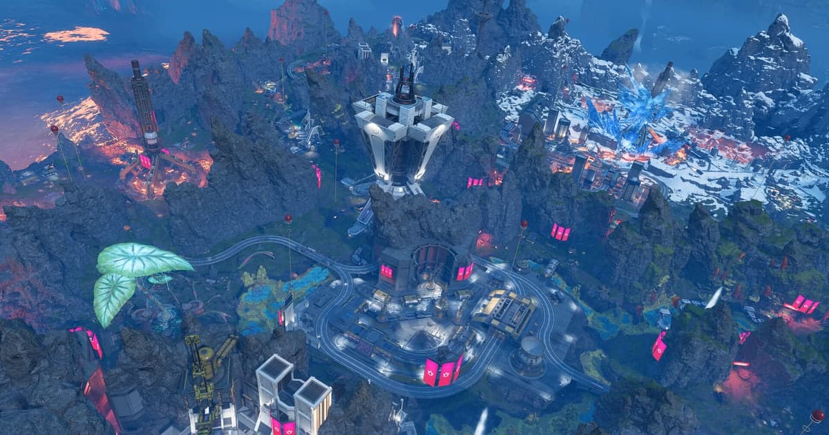 Apex Legendsの実際のゲーム画面 — 雪山の拠点の建物とネオンの看板を上空から見下ろした場面