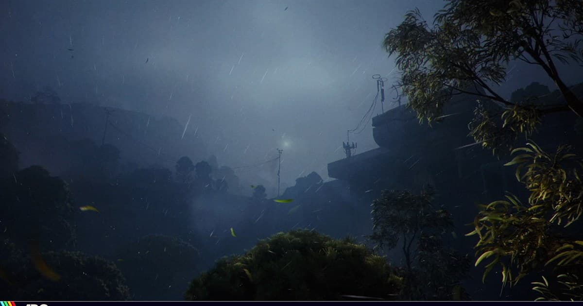 Official ARC Raiders screenshot of a stormy, fog-covered outdoor battlefield
