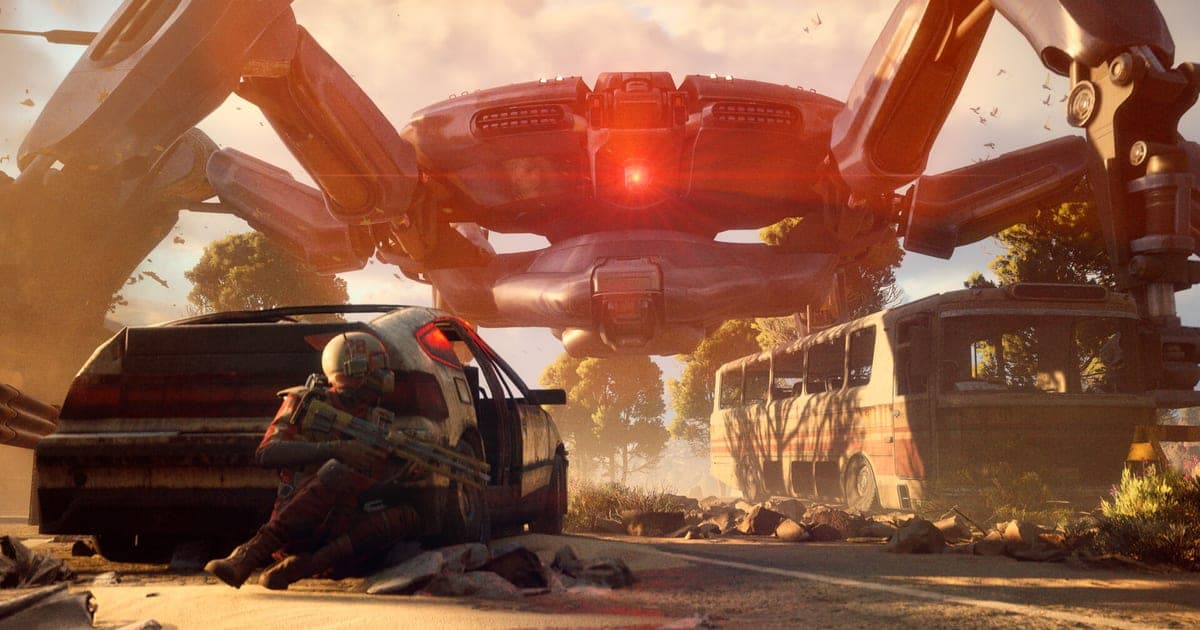 Actual ARC Raiders gameplay — a giant ARC machine with a glowing red eye looming over a Raider hiding behind a wrecked car