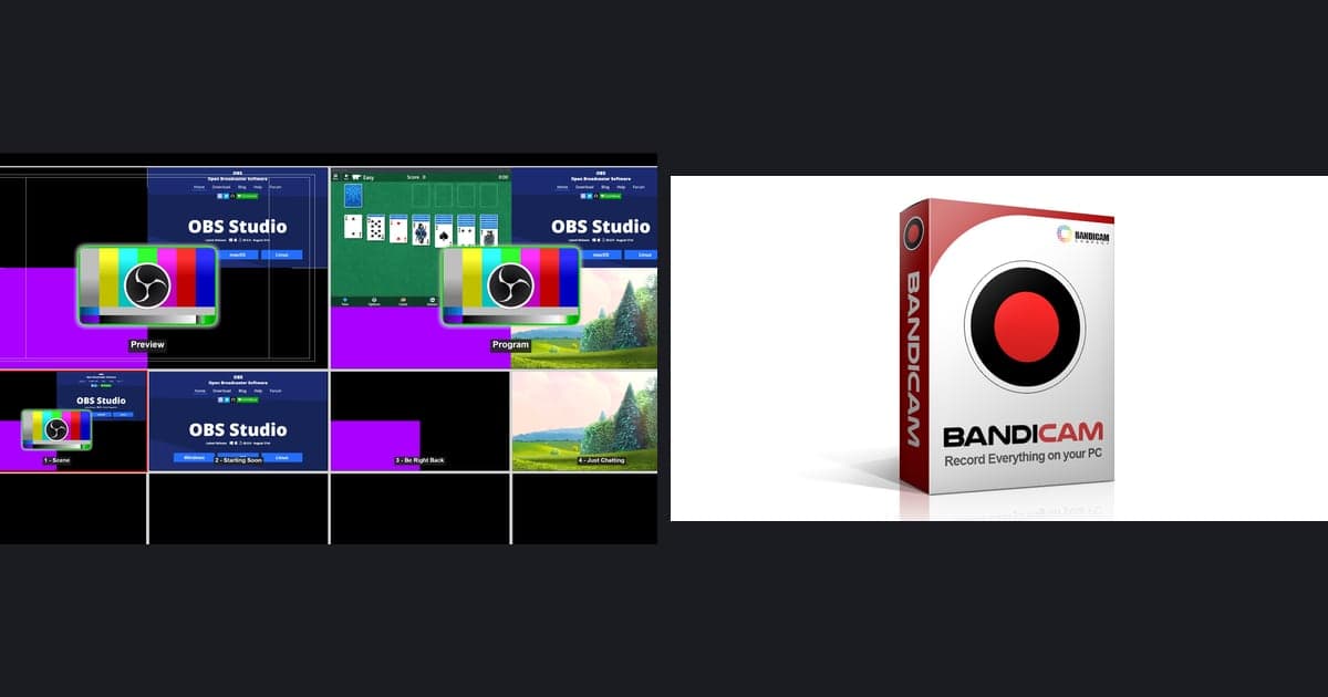 OBS Studio 공식 이미지(여러 장면을 한 화면에 보여 주는 멀티뷰)와 Bandicam 공식 제품 패키지 이미지를 나란히 놓은 비교 이미지