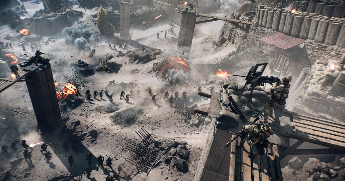 Official Battlefield 6 gameplay showing infantry and vehicles fighting amid explosions