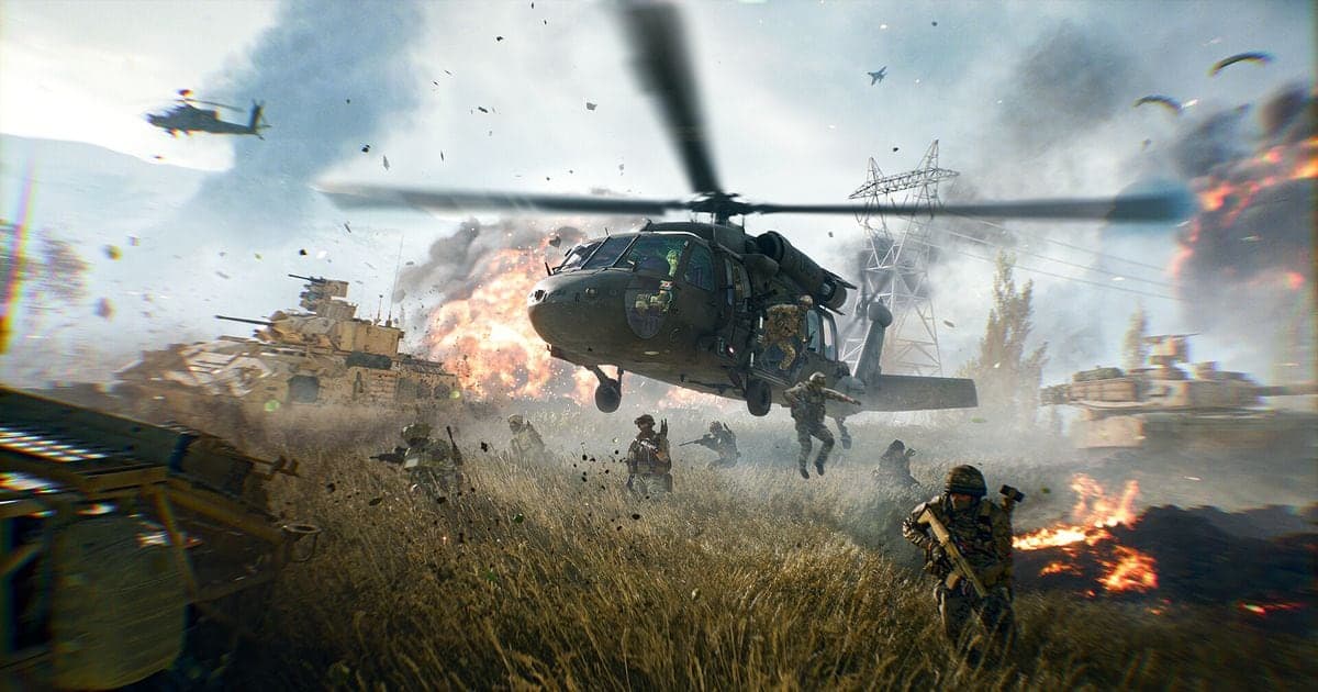 Captura oficial de Battlefield 6 en Steam (un campo de batalla con un helicóptero y soldados)