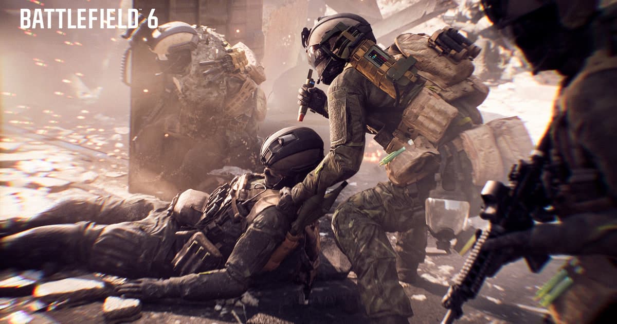 Official Battlefield 6 gameplay showing a Support reviving a downed squadmate under friendly cover