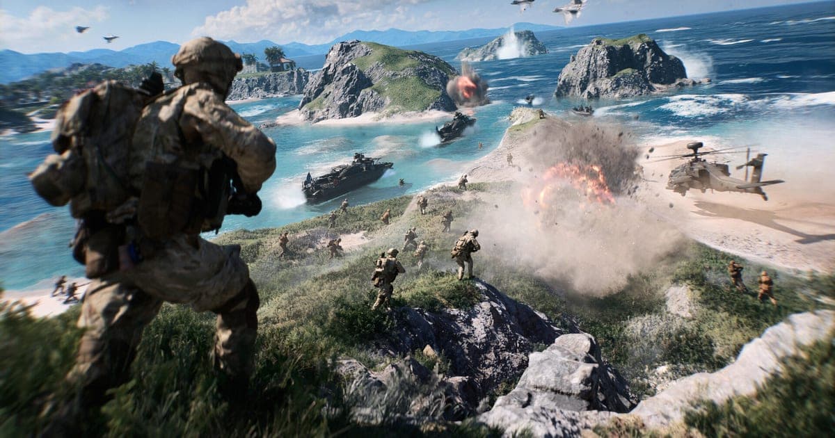 Actual Battlefield 6 gameplay — a soldier on a hillside overlooking a beach assault with landing craft, helicopters and explosions