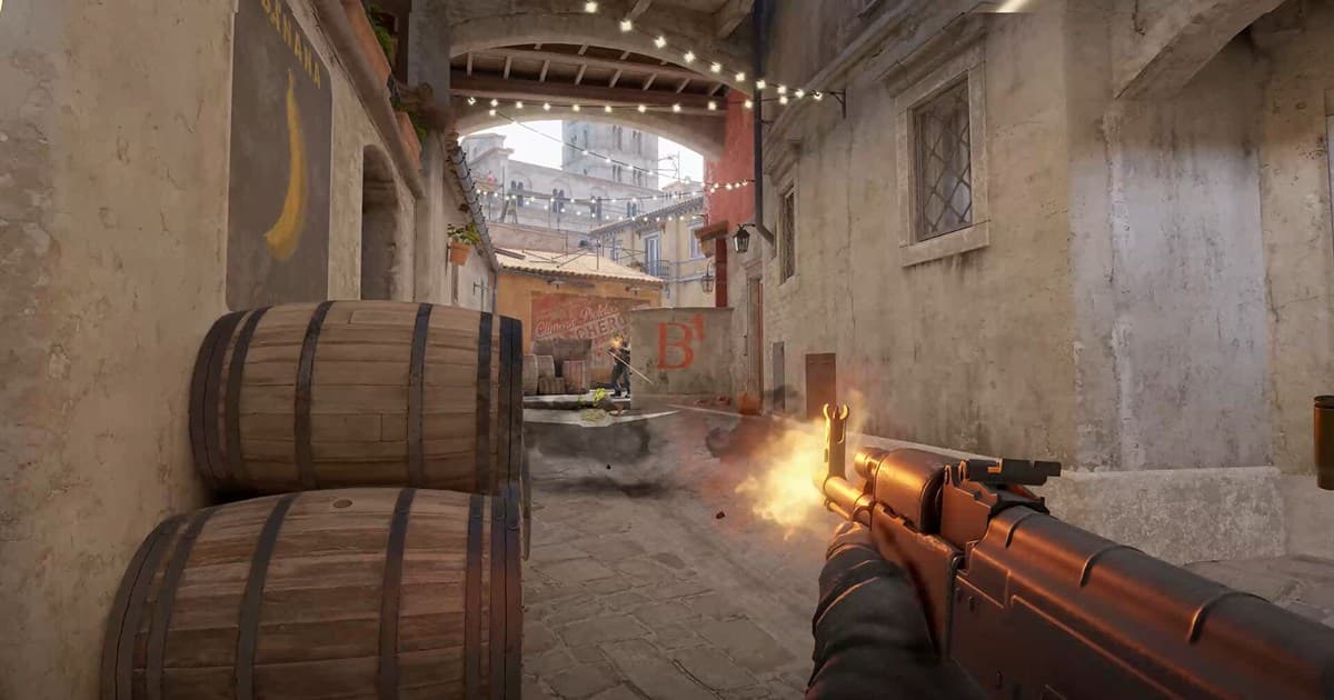 First-person Counter-Strike 2 firefight with an AK-47
