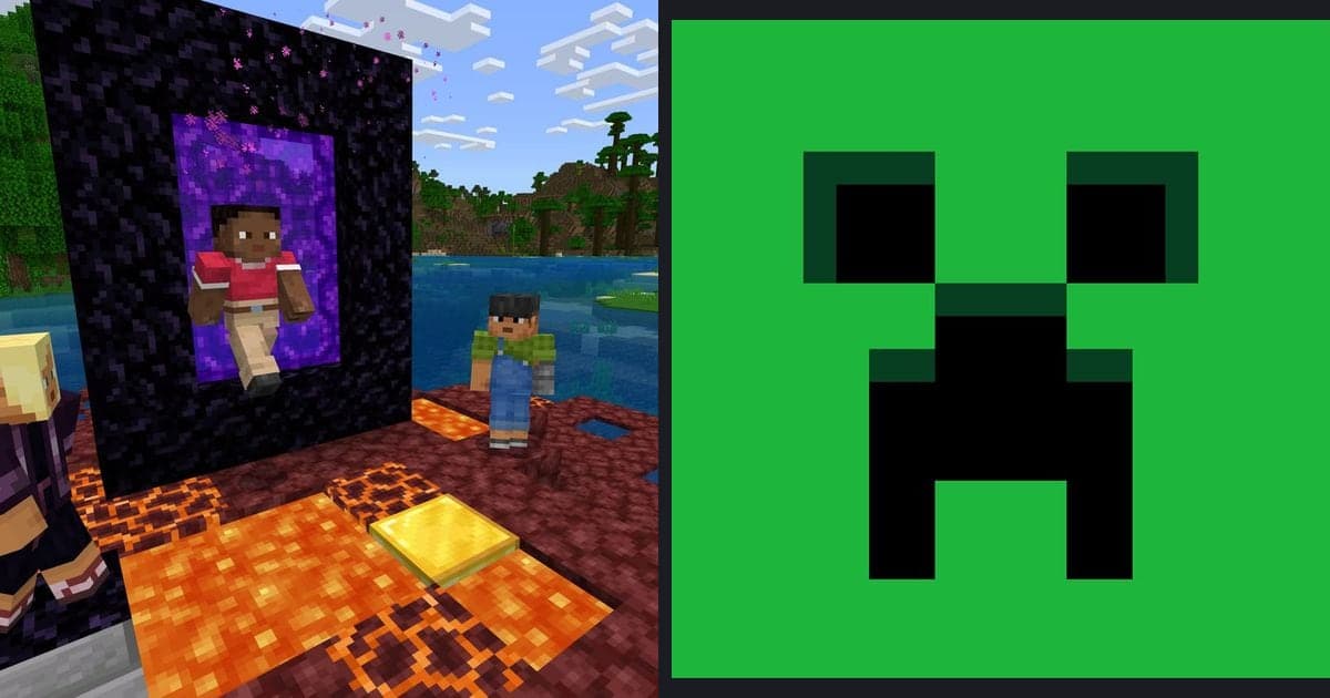 Comparación lado a lado de una captura oficial de Minecraft (personajes junto a un portal del Nether) y la imagen oficial de la cara del creeper