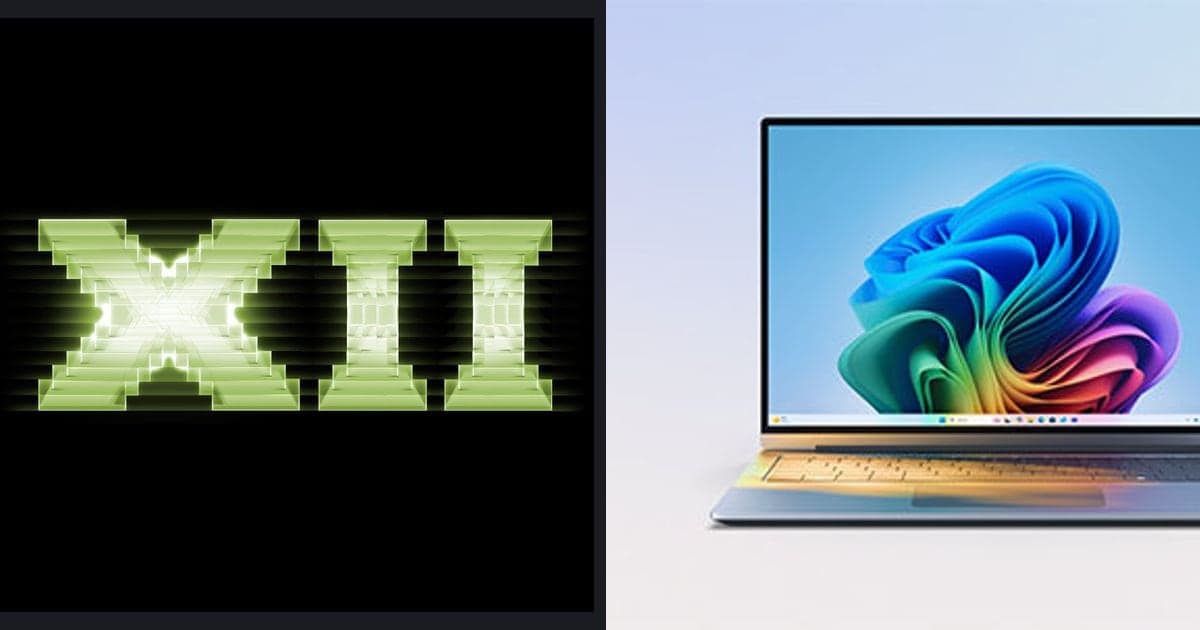 Gegenüberstellung des offiziellen DirectX-12-Logos und des offiziellen Windows-11-Werbebilds (ein Laptop mit Windows-11-Hintergrund)