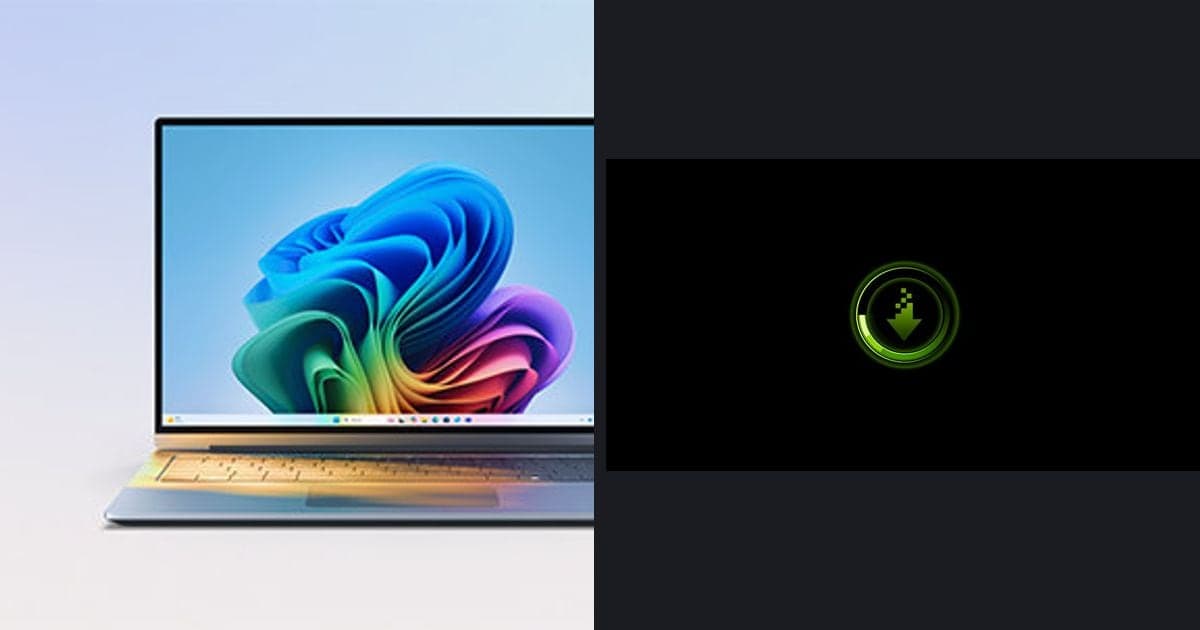 Windows 11 공식 홍보 이미지(노트북 화면의 Windows 11 배경)과 NVIDIA 드라이버 공식 이미지(초록 다운로드 아이콘)를 나란히 놓은 이미지