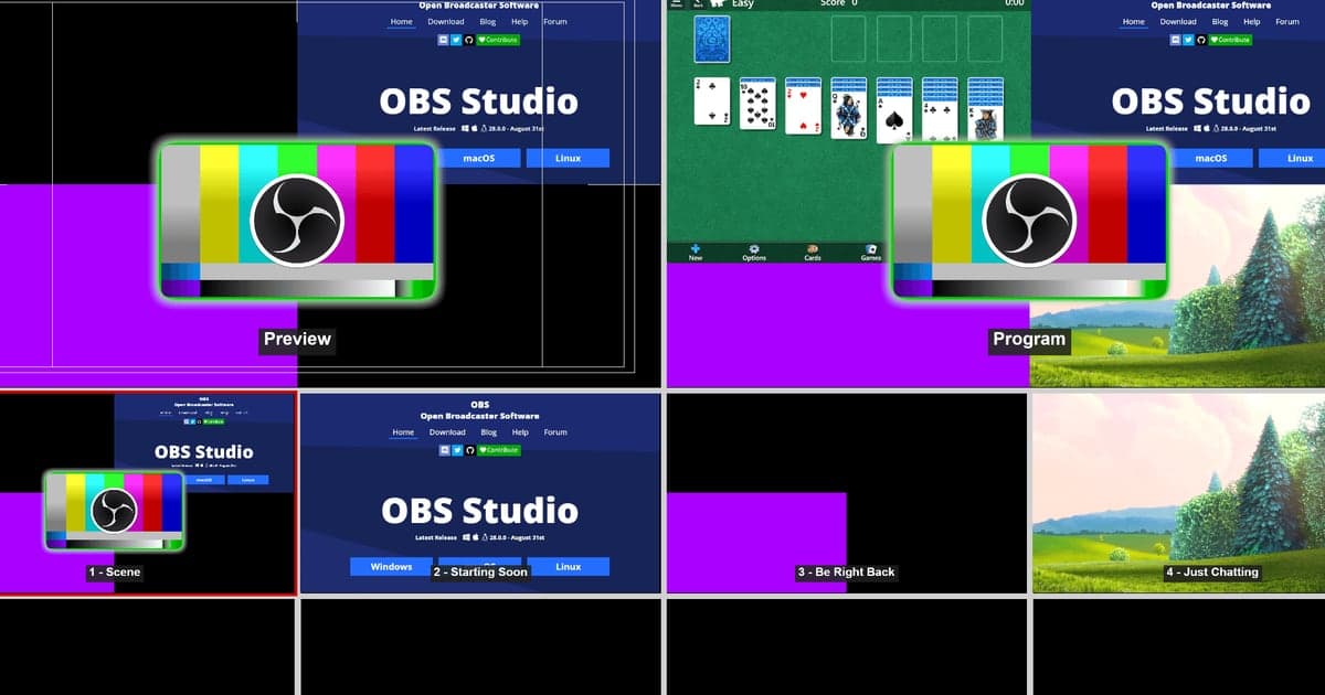 Hình ảnh chính thức của OBS Studio — multiview hiển thị cùng lúc nhiều cảnh phát trực tiếp như Starting Soon và Be Right Back