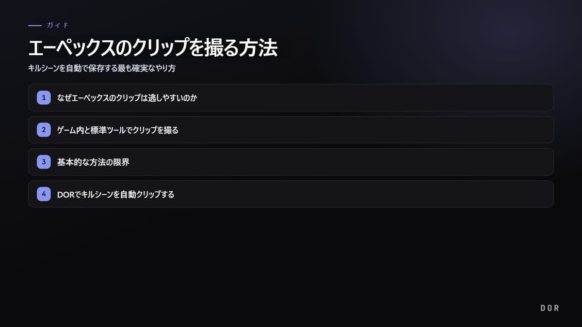 エーペックスのクリップを撮る方法 の手順まとめ図