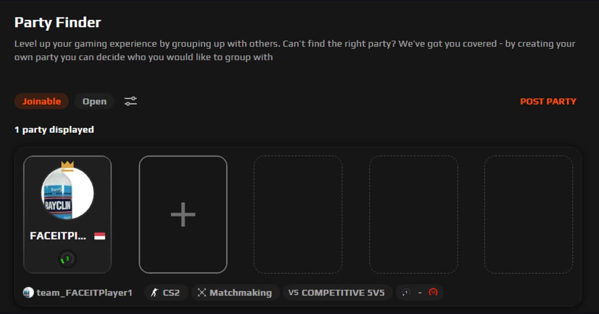 FACEIT Party Finder UI showing a joinable Counter-Strike 2 party and an open team slot