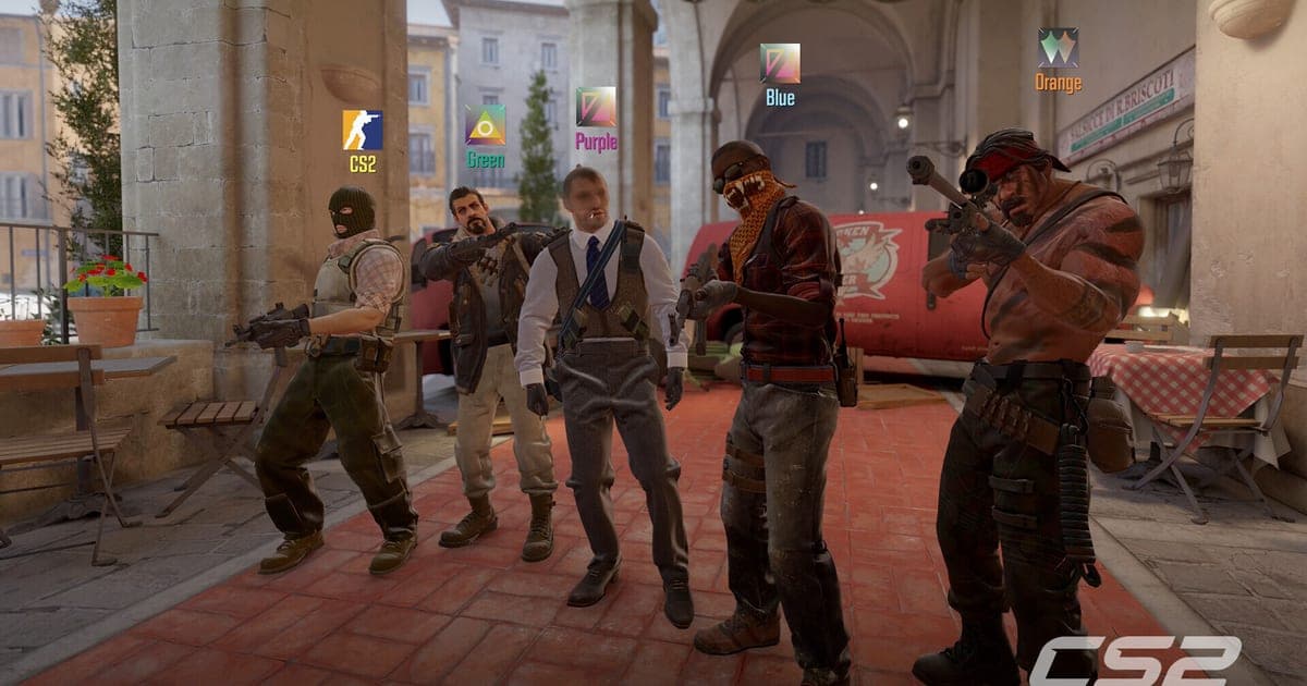Official CS2 promotional scene — five agents standing side by side with weapons in an Italian-style plaza, the CS2 logo in the lower right