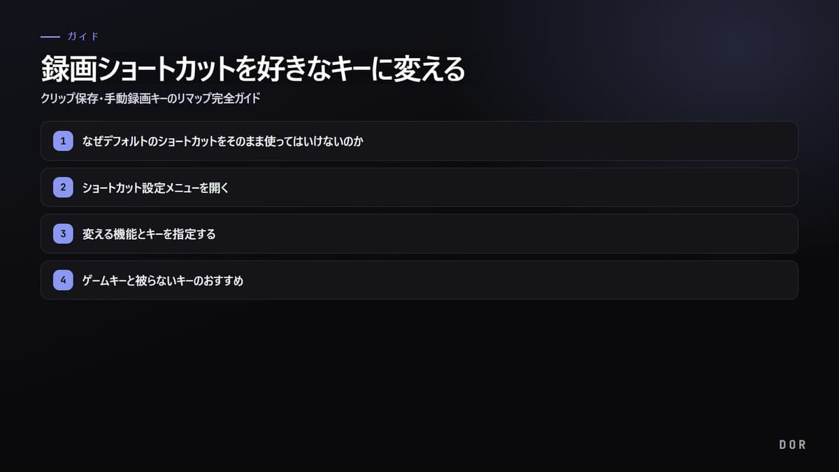 録画ショートカットを好きなキーに変える の手順まとめ図