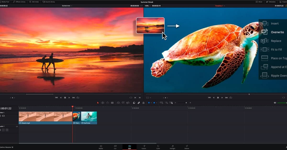 소스 뷰어와 타임라인 뷰어, 클립이 놓인 타임라인이 보이는 실제 DaVinci Resolve 편집 페이지