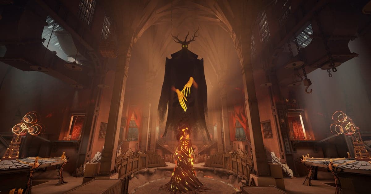 Eine in Orange beleuchtete gotische Halle, offizieller Screenshot aus Deadlock