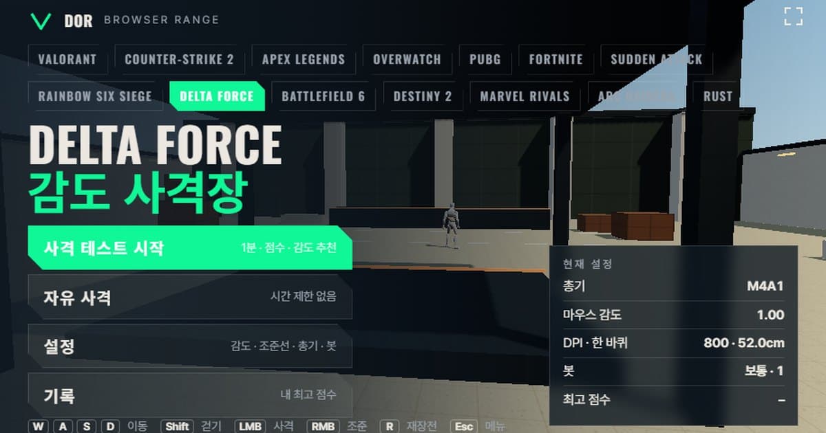 Layar menu range sensitivity browser yang dibuka dengan profil Delta Force. Di atas garis aksen mint ada tombol Start test, Free fire, Settings, dan Records, dengan senjata aktif, sensitivity, DPI, dan cm/360 yang ditampilkan.