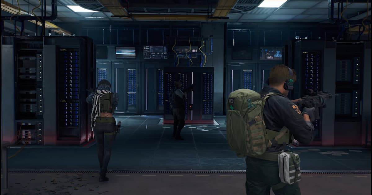 Official Delta Force gameplay showing a three-operator squad clearing a server room