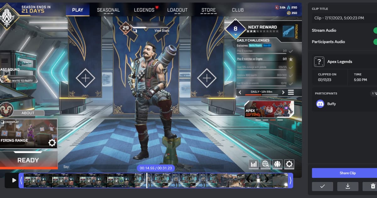 Discord Clips editor showing the timeline and audio tracks for an Apex Legends clip