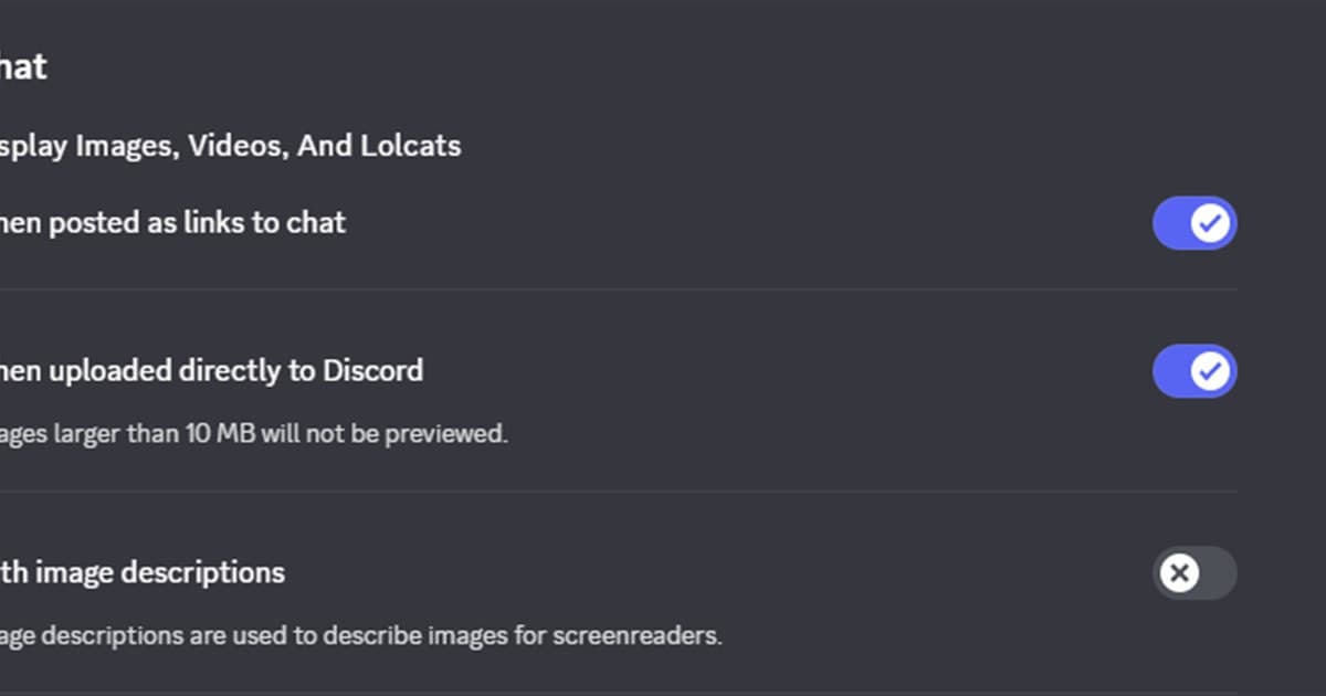 アップロードされた画像と動画のオプションを表示したDiscordチャット設定