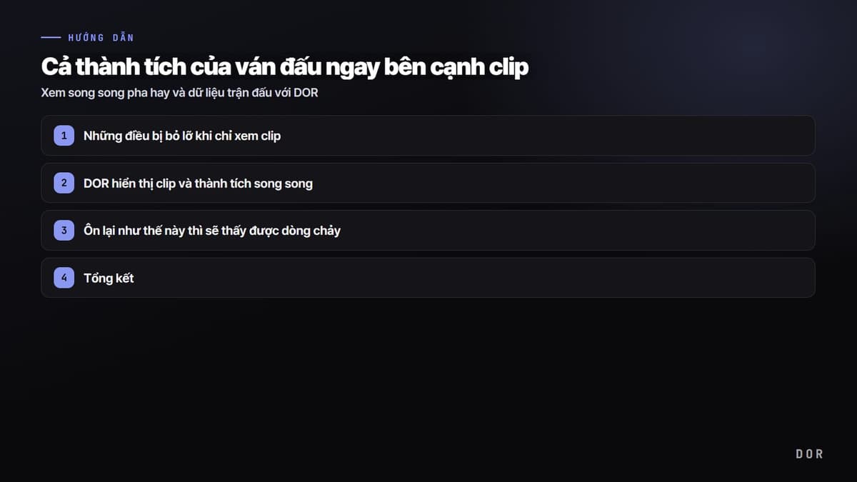 Cả thành tích của ván đấu ngay bên cạnh clip — sơ đồ tóm tắt các bước