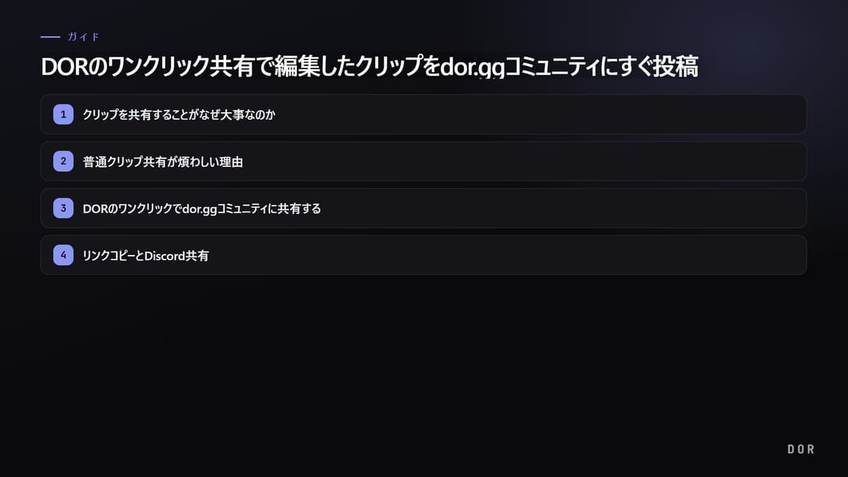 DORのワンクリック共有で編集したクリップをdor.ggコミュニティにすぐ投稿 の手順まとめ図