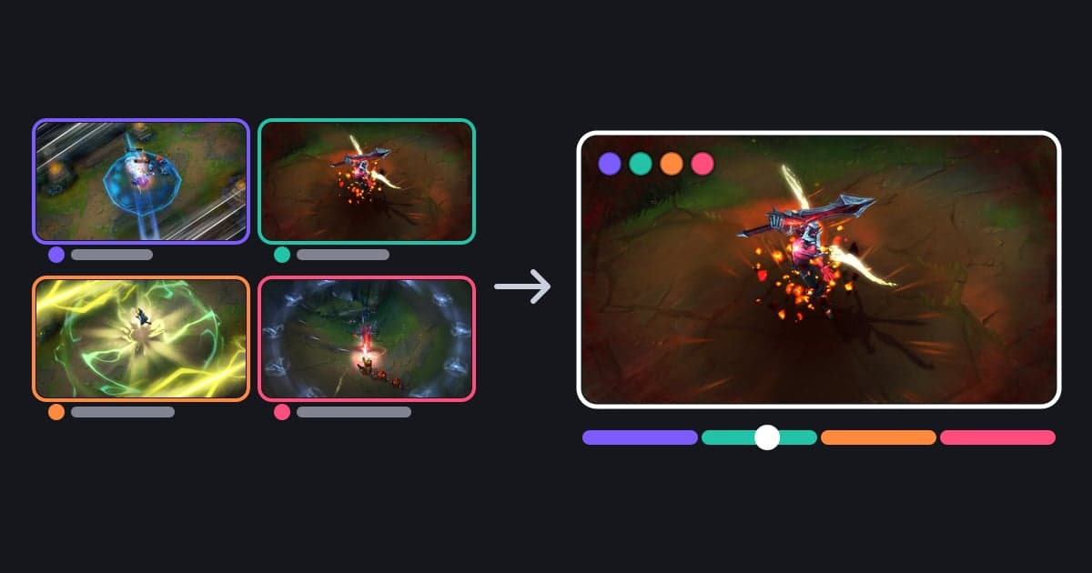 Klip POV League of Legends milik empat anggota party, masing-masing dengan bingkai warnanya sendiri, menyatu mengikuti panah menjadi satu video dengan timeline yang terbagi empat segmen berwarna