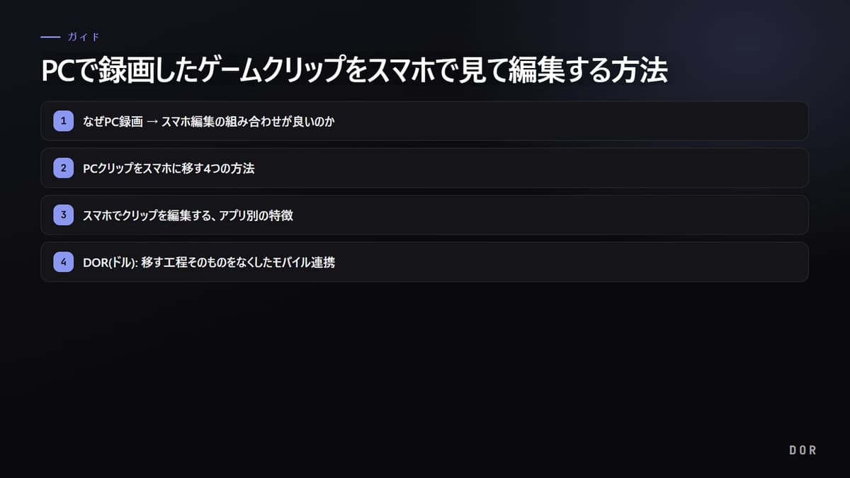 PCで録画したゲームクリップをスマホで見て編集する方法 (2026モバイル連携ガイド) の手順まとめ図