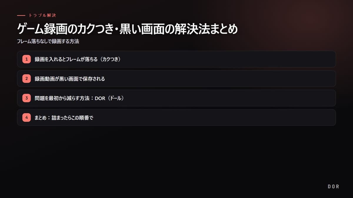 ゲーム録画のカクつき・黒い画面の解決法まとめ の手順まとめ図