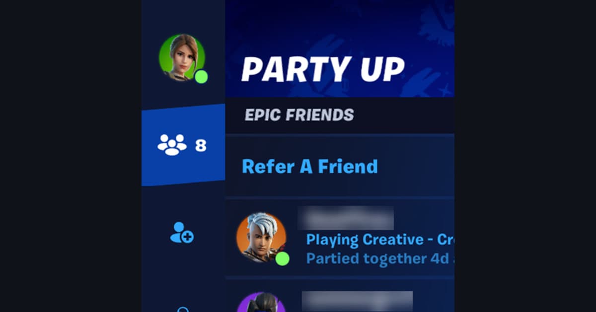 显示 Epic 好友与可组队玩家的 Fortnite Party Up 侧边栏