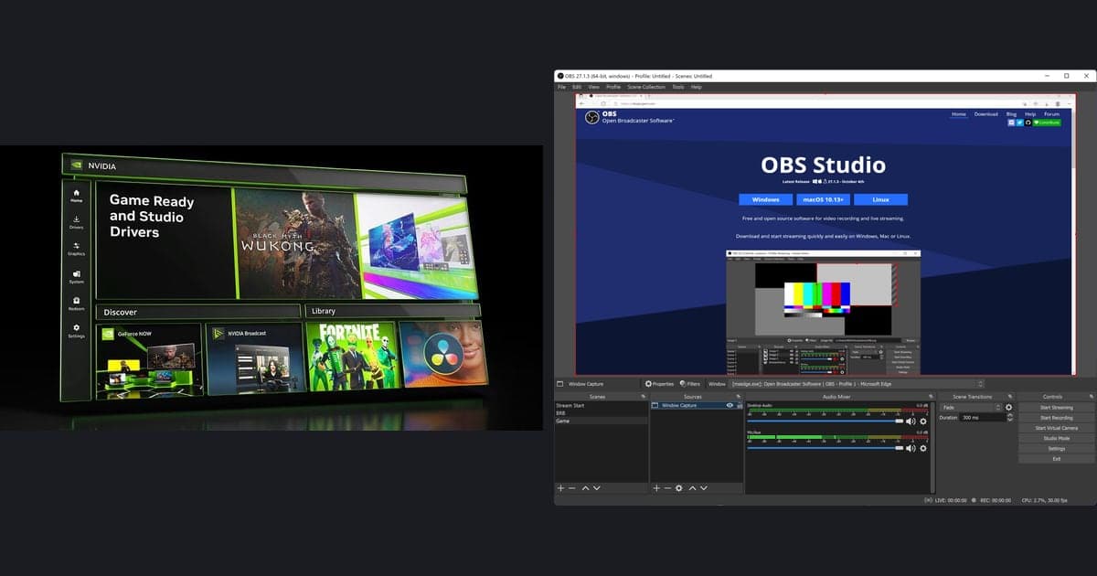 The official NVIDIA app image and the OBS Studio window shown side by side as two alternatives to Fraps