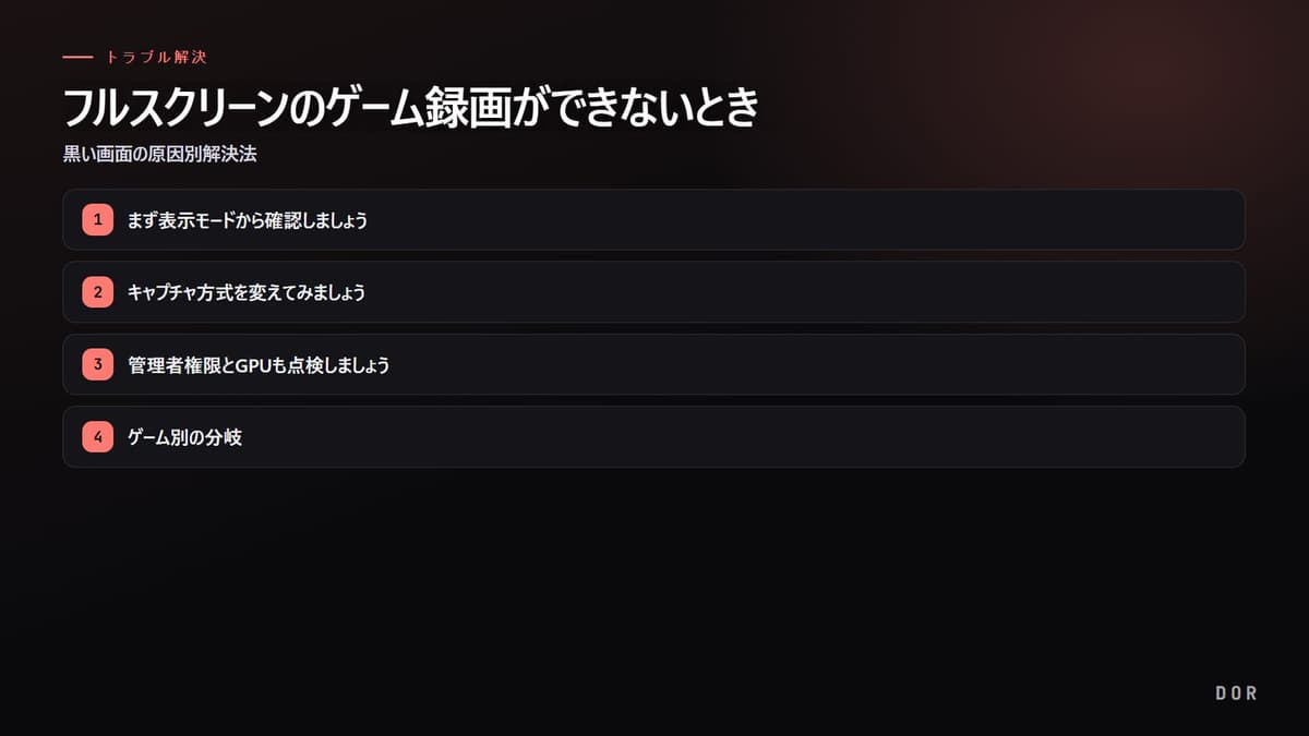 フルスクリーンのゲーム録画ができないとき の手順まとめ図